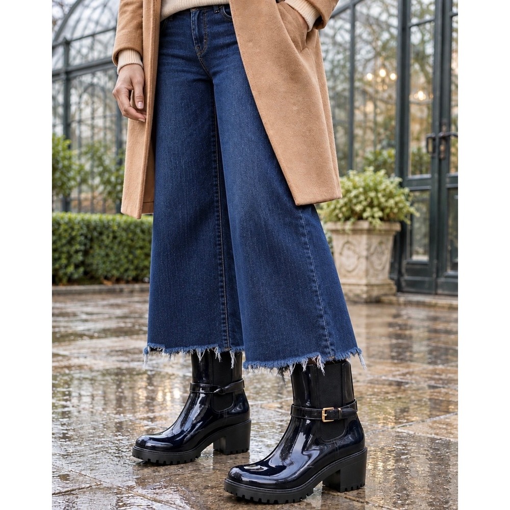 Black Glossy Lug Sole Rain Boots Ankle Chelsea Buckle Strap Block Heel 7